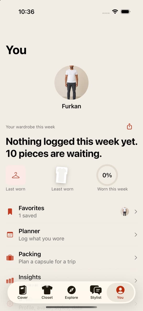 Fitpose profile screen: what you wore this week, favorites, planner and insights